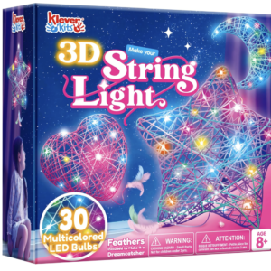 Klever Kits 3D String Art Kit for Kids, Light Up String Light Toy with 30 Multi-Colored LED Bulbs, Arts and Crafts Set, Birthday Gifts for Girls and Boys Ages 8+